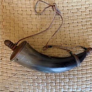 Vintage Animal Horn Flask with Leather Strap & Wood Stopper